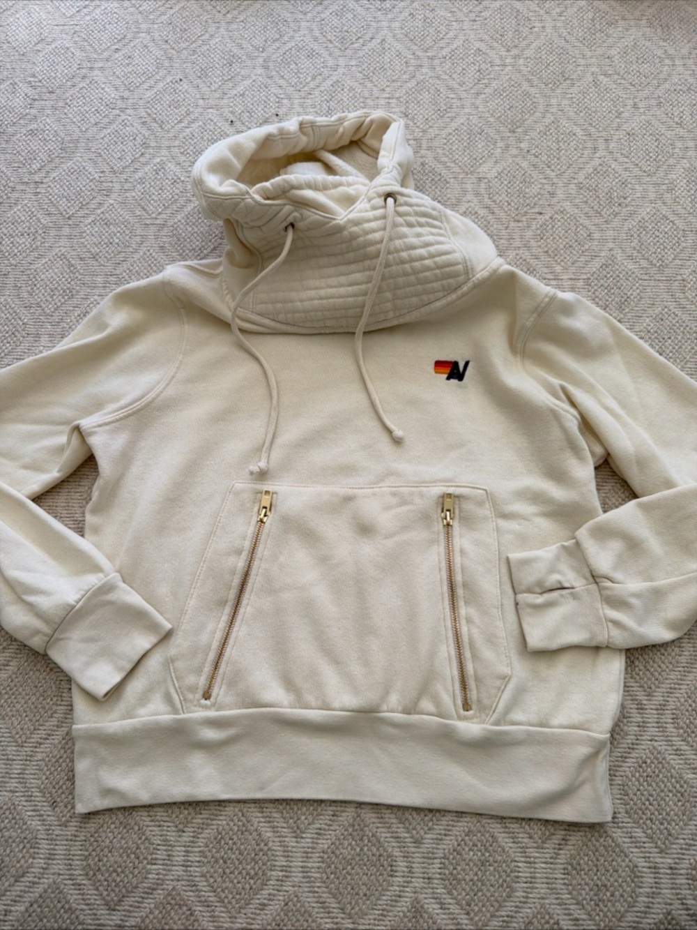 Aviator Nation Cream Cozy Pullover Hoodie with Embroidered Logo Size XS